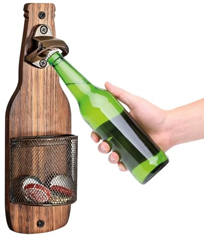 Vlecexs Bieröffner Wand Behälter Hölzerne Flaschenöffner Wandmontage mit Auffangbehälter Wand Flaschenöffner Männer Frauen Bierliebhaber Küche Terrasse Bar Zubehör Hause Freien