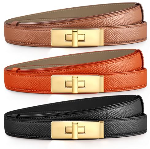 Ahokei Skinny Gürtel Damen, Ledergürtel Damen Taillengürtel Damengürtel Leder Beidseitig Damengürtel für Jeans Klassisch Gold Drehverschluss Schmaler Gürtel Schwarz Braun Orange Geschenke für Frauen