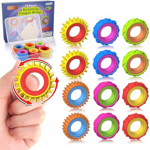 Fidget Ring Toys for Children Adults, Pack of 12 Finger Spinner Rings Silicone,Anti Stress Autism Toy, Fidget Squishy Toy, Anxiety, ADHD Toys, Soothing for Stress, Anxiety