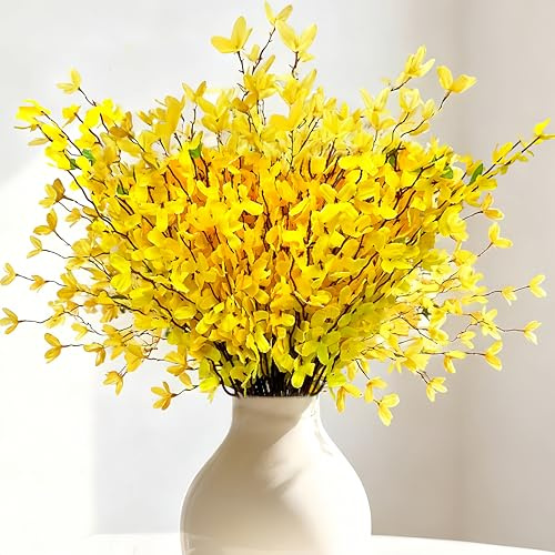 Jadeunm 2 Forsythienzweige Künstlich mit 6 Ostereiern Gelb Frühlingsblumen | 60CM Kunstblumen Osterstrauch Frühling Forsythie Seidenblumen Jasmin Blumen Osterstrauß für Ostern Deko, Frühlingsdeko