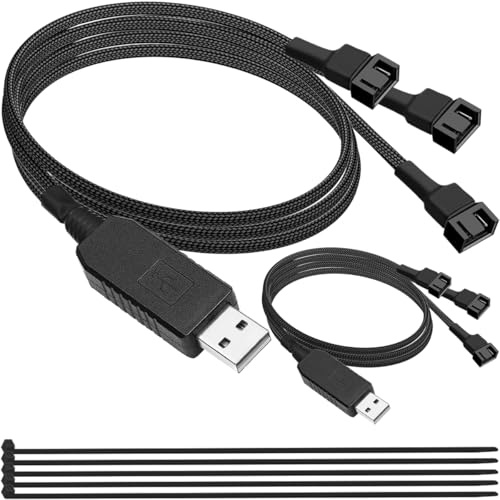 MKBKLLJY 2PCS 12V Voltage Step-Up USB to 3 Way 3-Pin / 4-Pin PC Fan Power Adapter Cable Full Speed Computer Cooling Connector 55 cm (21.6 inch) Black Sleeved with Cable Zip Ties