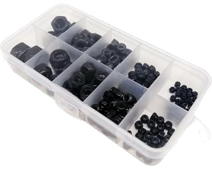 Juego de 200 tuercas autoblocantes de nailon hexagonales, surtido de tuercas de seguridad M2, M2.5, M3, M4, M5, M6, M8, acero al carbono negro.