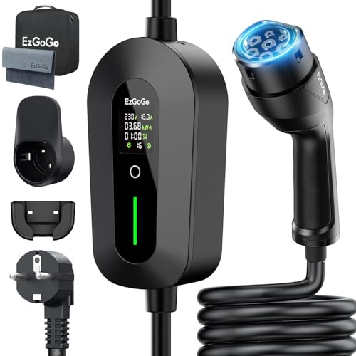 EzGoGo Typ 2 Ladekabel Schuko 3,7kW 10m EV Ladegerät für EVs & PHEVs E-Auto | Ladekabel Auto, 6-16A Einstellbar mit Steuerbare Digitalanzeige,für alle gängigen EV/PHEV