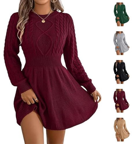Abito da donna in maglia a maniche lunghe girocollo oversize a trecce in maglia a trecce, Borgogna, S