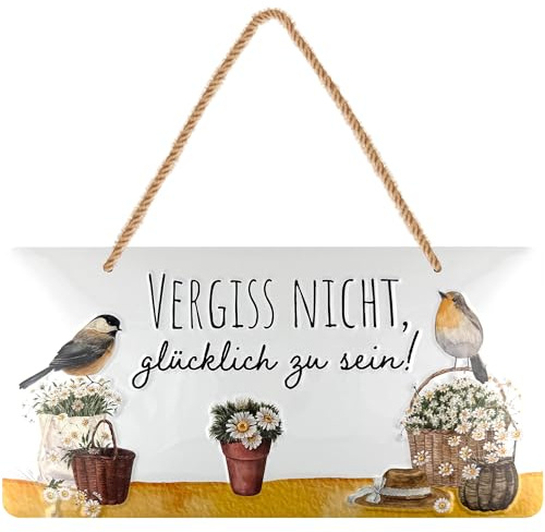 LANOLU retro Blechschild, Spruch Schild für Garten Balkon, Lieblingsplatz, Spatz Blumen Deko, geprägt gestanzt, Jutekordel, 16x32 cm