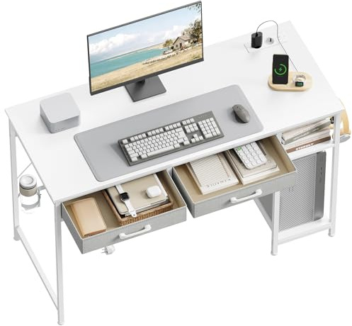 WOLTU Mesa Escritorio con 2 Cajones y 2 Estanterías, 120x51x75 cm, Blanco