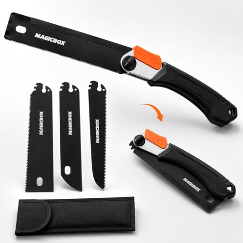 Magicbox Klappsäge Set mit 4 austauschbaren SK5-Sägeblättern, Japansäge Klappbar mit Sicherheitsverschluss, 2 Winkelpositionen, rutschfestem Griff & Canvas-Tasche für Holz, Äste, DIY, Outdoor
