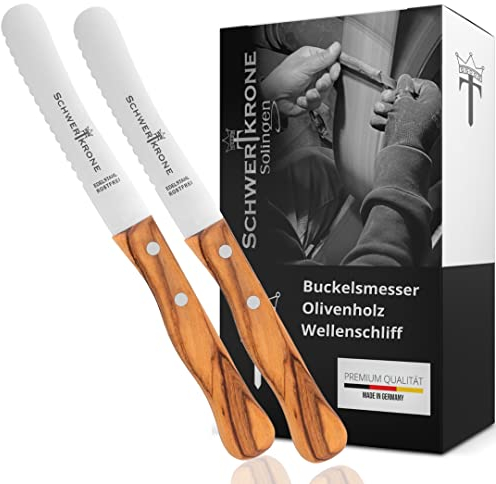 Schwertkrone® Buckelsmesser Wellenschliff 2er Set [MADE IN GERMANY] - Wellenschliffmesser Olivenholzgriff - Tafel Messer mit Wellenschliff - Brötchenmesser - Messer mit Holzgriff - Brotzeitmesser