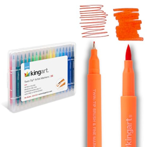 KINGART Dual Tip Brush Markers Art Pen Set, Artist Fine and Brush Tip Colored Pens, for Drawing, Lettering Calligraphy Journaling, Bible, Crafts, Set of 36 Bright Colors in Travel Storage Case