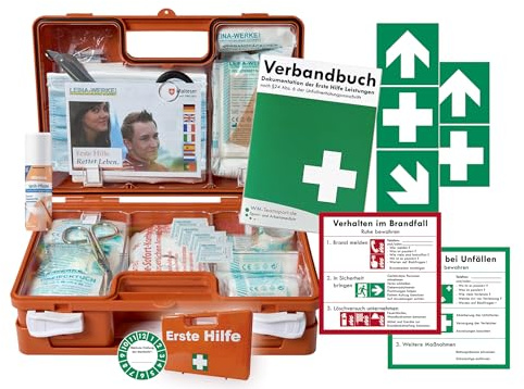 Verbandskoffer/Verbandskasten (K) Typ S -Paket 1- Erste Hilfe nach aktueller DIN 13157 für Betriebe -DSGVO- INKL. PERFORIERTEM VERBANDBUCH + Sprühpflaster & FOLIENAUFKLEBER