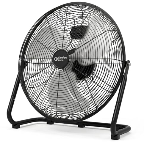 Comfort Zone 20-Inch High-Velocity Industrial Floor Fan, Heavy-Duty 3-Speed Metal Shop Fan with 180° Adjustable Tilt & Carry Handle, Quiet Vibration-Free Cooling for Garage, Workshop, & Home