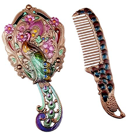 FRCOLOR Handspiegel Spiegel Set Vintage Make-Up Spiegel mit Kamm Antiken Kosmetikspiegel Haarbürste Reise Make-Up Tools Geschenk für Frauen Mädchen (Zufällige Farbe)