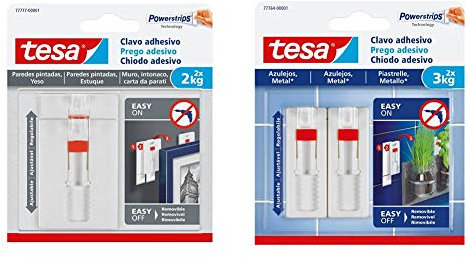 Tesa Chiodo Adesivo Regolabile Per Carta Da Parati Ed Intonaco 2 Kg - Gancio Adesivo Regolabile In Altezza Fino A 2 Kg & Chiodo Adesivo Regolabile Da 3Kg Per Piastrelle E Metallo, Bianco, Set 2 Pezzi