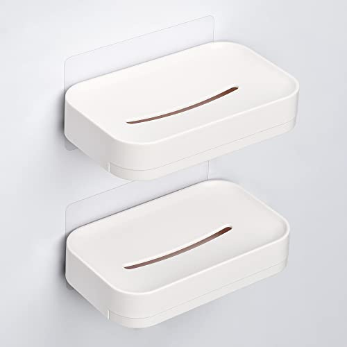 YOHOM 2PCS Självhäftande tvålkopp med dräneringsbotten Vit duschtvålhållare Väggmonterat tvålfack Hängande tvålhållare för badkar Plast