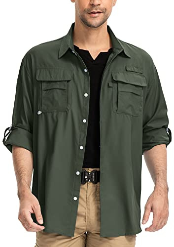Yeyity Chemise d'Extérieur UPF50+ Protection UV - Manches Longues, Respirante, Séchage Rapide - Fonctionnelle pour Safari, Randonnée, Pêche, Trekking - Vert Kaki, XL