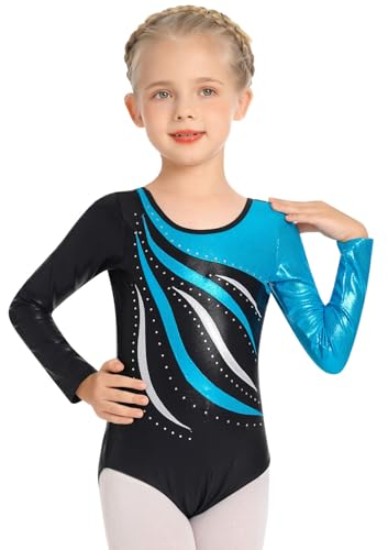 M?dchen Metallic Turnanzug Langarm Gymnastik Tanzbody Gl?nzende Leotard mit Strass Trikot Turnkleidung Tanzkost?m Gymnastikanzug Trikot Kinder Gymnastikbody Gym Kleidung Trikotanzug Himmelblau 6-7J