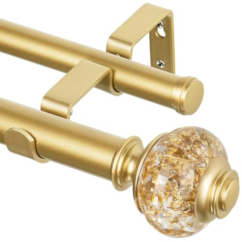 1 Inch Luxury Gold Double Curtain Rods 72-144 Inches (6 to 12 Ft), USFOOK Telescoping curtain pole with Sparkling Foil Finials, Long Double Window Rods for Kitchen, Patio