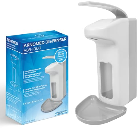ARNOMED 1 Dispenser di sapone in plastica, dispenser a muro gel disinfettante mani da 500 ml, Euro dispenser, dispenser gel disinfettante mani parete bianco, dispenser saponi senza bisogno di forare