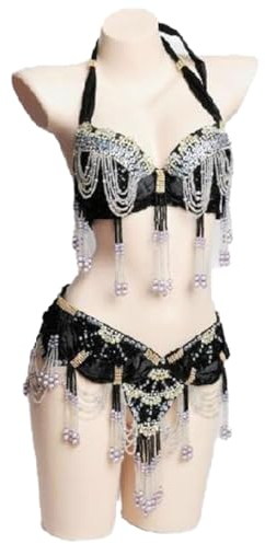AGAATI Damen-Bauchtanz-Kostüme mit Quasten, Karneval, Festival, Performance, Tänzerin, Outfits, Bauchtanz, Perlen-BH und Gürtel-Set (schwarz, M)