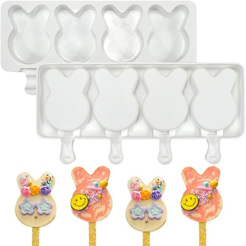 1 Pack Cute Rabbit Shape Popsicle Molds Silicone Ice Pop Molds 4 Cavities Popsicle Molds for Kids Adults Ice Cream Mold Cakesicles Mould DIY Popsicle Maker Homemade Popsicle Silicone Molds W