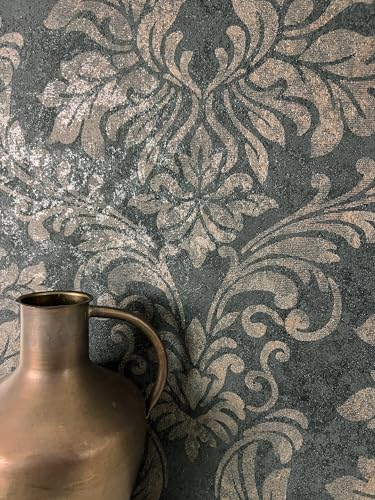 Newroom Tapete Schwarz Vliestapete Ornamente - Mustertapete Vintage Braun Anthrazit Struktur Glanz Metallic Romantisch inkl. Tapezier-Ratgeber
