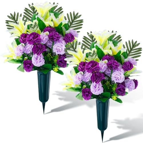 Riceshoot Set of 2 Spring Easter Cemetery Flowers with Grave Vase Memorial Day Artificial Flower Bouquet Carnation Lily Flower Arrangement for Gravesite Headstones Tombstone Decor(Yellow Lily)