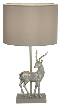 Licht-Erlebnisse Tischleuchte Stoff Resin 42,5 cm hoch E27 Grau Klassisch Hirsch Sockel Tischlampe Wohnzimmer Nachttischlampe Schlafzimmer