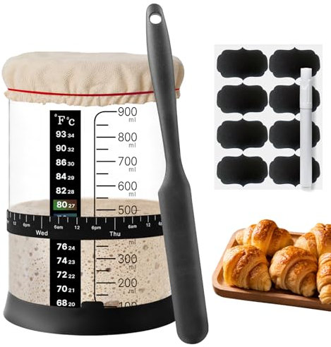 WINUSD Sourdough Starter Jar Kit - 34OZ, with Date Feeding Band, Cloth Cover, Thermometer, Silicone Lid, Chalkboard Labels, Mark Pen, Rubber Bands, Silicon Spatula, Sourdough Bread Baking Supplies