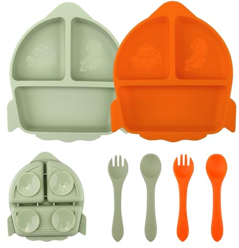 Nohlerlife - Juego de 2 platos con ventosa para bebé, con 2 tenedores, 2 cucharas de silicona, plato compartimentos, juego de alimentación para bebés sin BPA (verde/naranja)