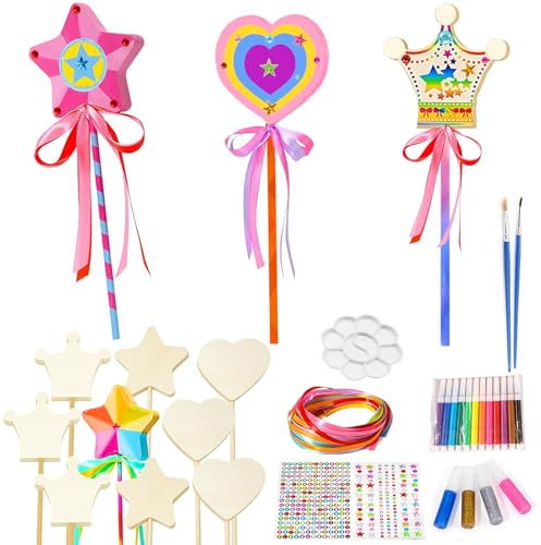 PIWOSGOL 12 Stück Holz Bastelset Kinder DIY Fee Zauberstab für Kinder Prinzessin Zauberstäbe Bastelset zum Malen und Basteln Holz Handwerk Geschenk für Kindergeburtstag Mädchen 3 4 5 6 7 8 9 10 Jahre