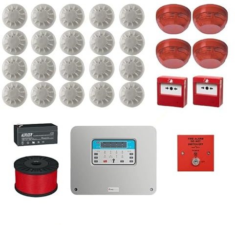 Fire Class Wired 4 Zone Fire Alarm Kit w/ 20 Detectors, 4 Sounders, Battery & Call Point