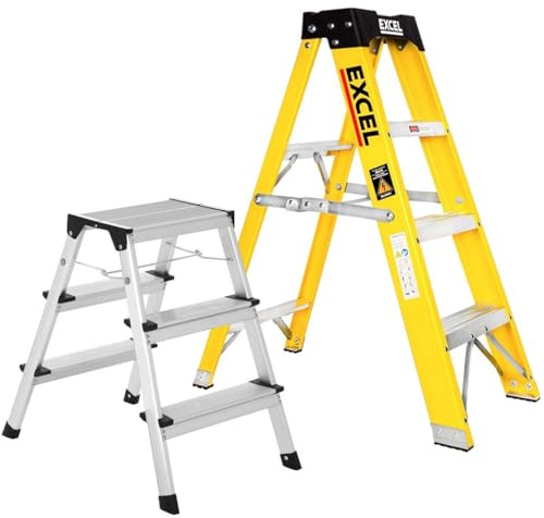 Excel Heavy Duty Fibreglass 3 Tread Ladder with 3 Step Hop Up Ladder