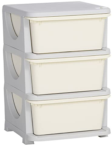 HOMCOM Torre de Almacenamiento Infantil con 3 Cajones, Organizador de Juguetes para Niños de +3 Años, con Bordes Redondeados y Asas, para Guardería, Sala de Juegos, Dormitorio, 37x37x56,5 cm, Crema