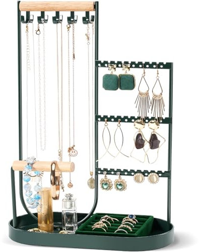 ProCase Porte Bijoux, Présentoir à Bijoux Femme, Porte Boucle d’Oreille Collier Bracelet Bague, Support Bijoux en Metal et Bois Durable avec un Plateau Bague Velours -Vert