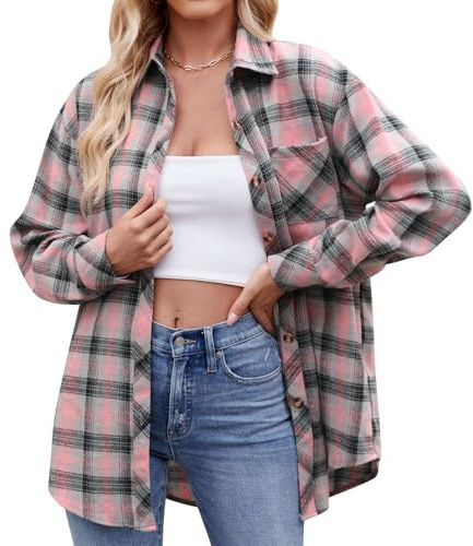 Sawmew Rutig dam blusar långärmad Casual rutig skjorta dam V-ringad toppar S-XXL(Pink B,XL)