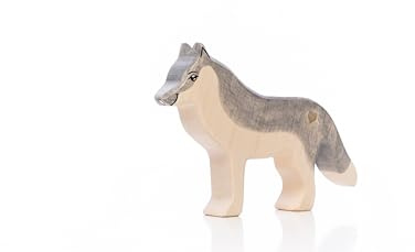 Lilu® Wolf mit leuchtendem Herz, Wald Holztiere handbemalt, Holzfigur Spielfigur Tiere aus FSC®-Holz, EN71 und DEKRA Zertifiziert Holzspielzeug für Kinder - 15,3cm x 9,7cm x 2,4cm
