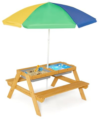 SOARS Kindersitzgruppe Tannenholz, Kindertisch Outdoor mit höhenverstellbarer Sonnenschirm, Abnehmbarer Tischplatte & 2 Spielboxen, Picknicktisch, Kindersitzgarnitur draußen (Gelb + Grün + Blau)