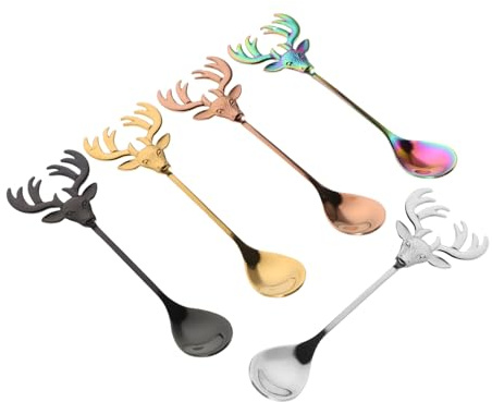 VERDANVERSE 5 Stück Dekorative Kaffeelöffel Edelstahl Rentierkopf Design Langlebig Vielseitig für Tee Espresso und Dessert