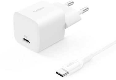 Belkin Chargeur Secteur USB-C (25W, câble USB-C de 60 W et de 1 m, Prise USB pour Smartphone, PD 3.0 avec PPS, pour Apple iPhone 16 Serie, iPad Pro, Samsung Galaxy S25, Nintendo Switch, etc., Blanc)