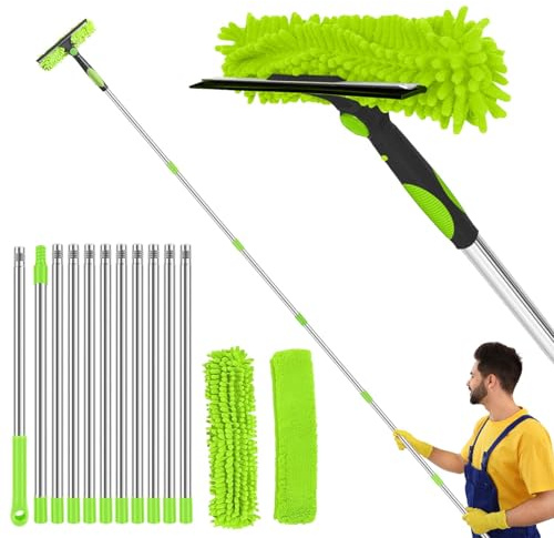 4.5M Window Squeegee Cleaning Equipment Kit with Long Handle - 2 in 1 Extendable Window Cleaning Pole, 180° Rotatable Telescopic Window Cleaner with Microfiber Cloth for Indoor/Outdoor High Window Car