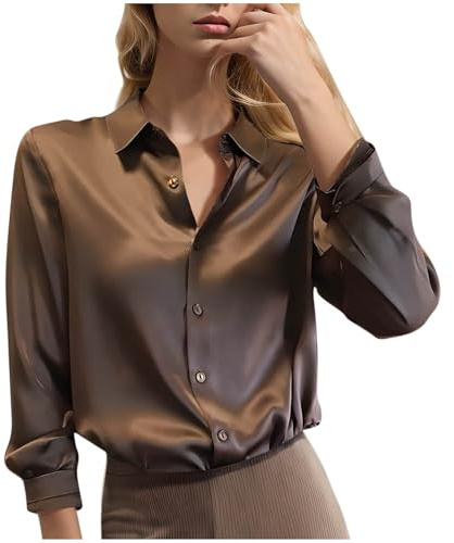 Satin Shirts for Women UK Elegant Long Sleeve Collared Neck Silk Tops Office Business Casual Slim-Fit Button-Down Shirt Ladies Work Blouses 2025 Sale Clearance My Orders Order Coffee