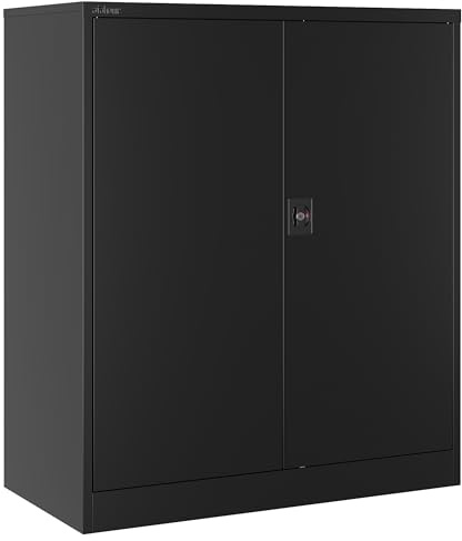 Atahome Metal Cabinet Storage Cupboard Lockable Steel Cabinet Locking Doors, 2 Adjustable Shelves – Home, Office, Garage, Kitchen or Pantry, 90 x 80 x 40 cm (H x W x D) Pergamon (Pergamon, Black)