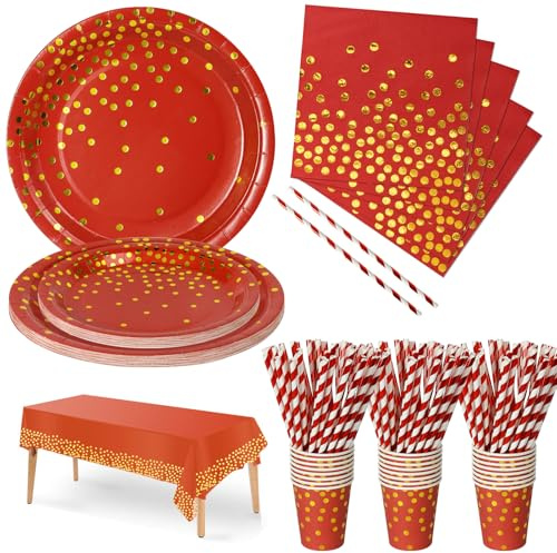 Nkaiso 126 Pcs Burgundy Gold Party Plates Cups and Napkins Set for 25 | Party Supplies with 9 Dinner Plates & 7 Dessert Plates Cups Straws, Tableware for Birthday Party, Wedding