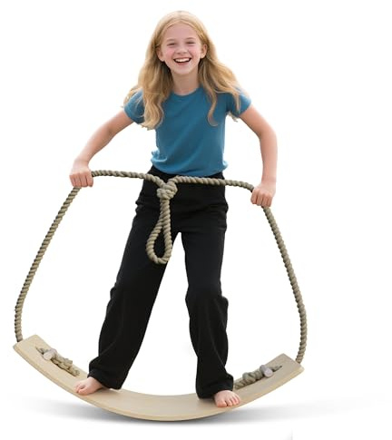 FIVMEN Balance Board Kinder aus Holz 82x30 cm Balanceboard Wackelbrett mit Seil & Anti-Rutsch Balancebrett Wobble Board für Balancieren Kinder, Grau