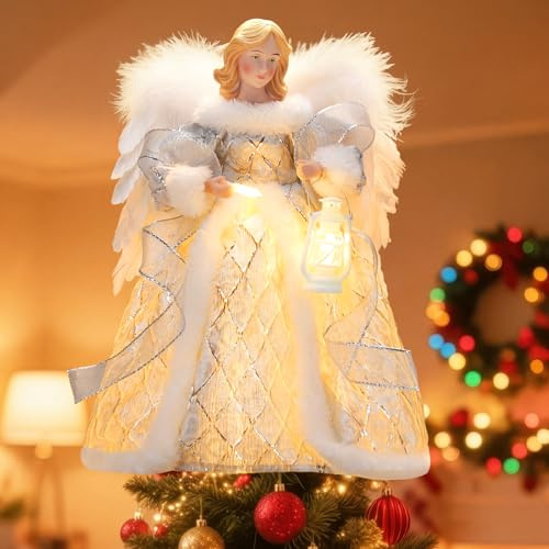 Sockywin Adorno para Árbol De Navidad 32cm Decoración De Ángel para árbol de Navidad Figura de ángel de Decoración de Fiesta Interior con alas de Plumas (Plateado)