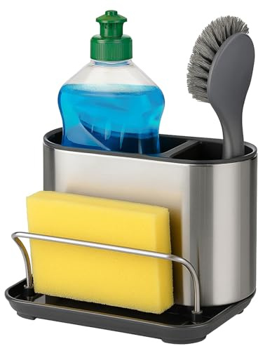 Innoteck Essentials Premium Surface Sink Caddy – Large Sink Organiser with Anti-Slip Feet, Drainage Base & Modular Design for Kitchen Sponge, Brush & Bottle Storage, Stainless Steel, Grey