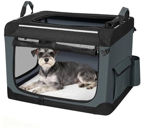 Fobyfurny Hundebox Faltbar mit 3-Türiger, 60 x 42 x 42 cm, Grau | Transportbox Hund, Tragbare Hundetasche mit Reflektierenden Streifen, Taschen, Oxford-Gewebe, Matte ist Abnehmbar, FPDT005OG1