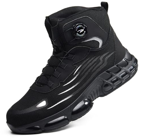 COOU Safety Boots Men Women Air Cushion Steel Toe Cap Boots Lightweight Work Boots Comfortable Safety Trainers Swivel Buckle Shoelaces Black