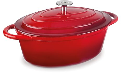 Lacor - 71739 - Casseruola in Ghisa Smaltata, 3,5 Litri, 29 x 21 cm, Ovale, Red, Cottura Uniforme e Durevole, Adatta per Induzione, Forno e Lavastoviglie