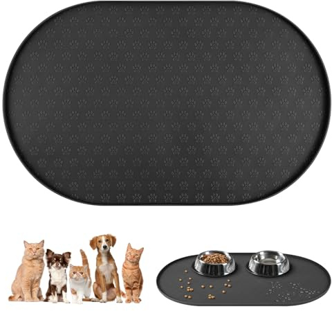 Adiwo Napfunterlage für Hunde und Katze, Silikon Wasserdicht Haustier Fütterung Matte, rutschfeste Futtermatte Katze Hunde mit Erhöhten Rändern, Haustierfutter Matte, Stil B – Schwarz